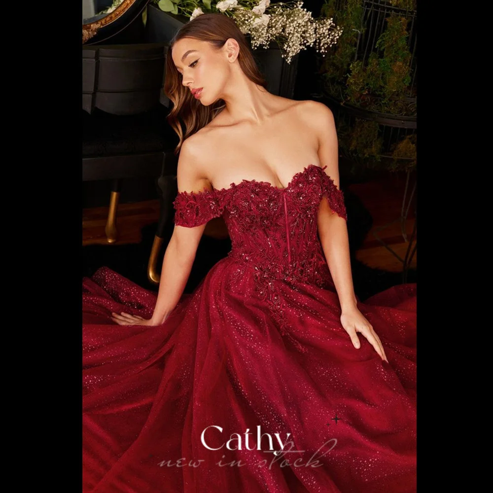 Cathy Prinses فساتين السهرة Sexy Off Shoulder Prom Jurk 2023 Shiny Lace Embroid Party Jurken Sweet A-lijn Vestidos De Noche