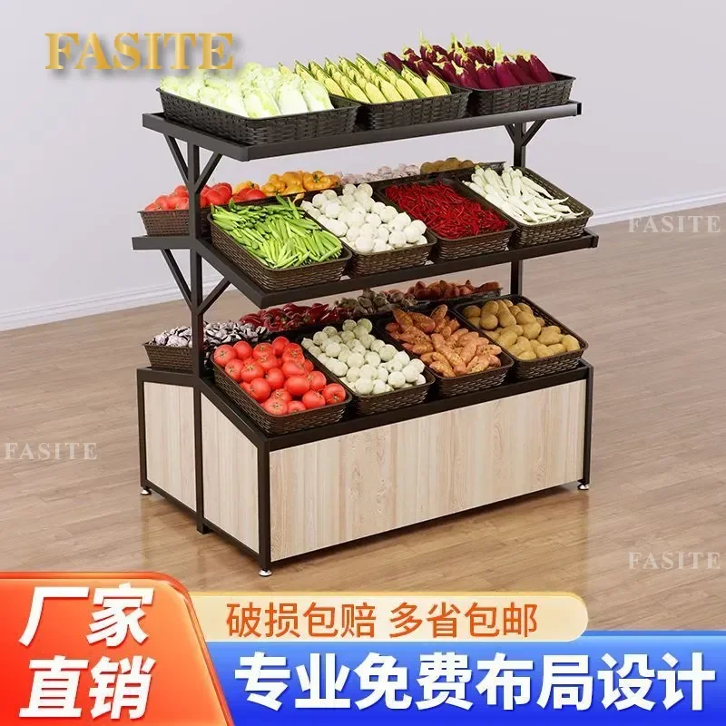 For Fresh Supermarket Fruit and Vegetable Display Shelves Double Sided Imitation Rattan Baskets Store Rack Factory Direct