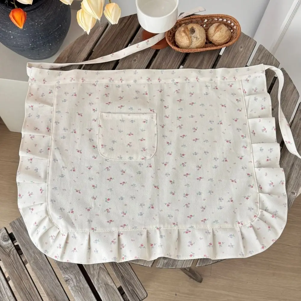 Breathable Korean Style Floral Lace Apron Floral Pattern with Pocket Half Body Apron Cotton Material Work Apron Coffee Shop