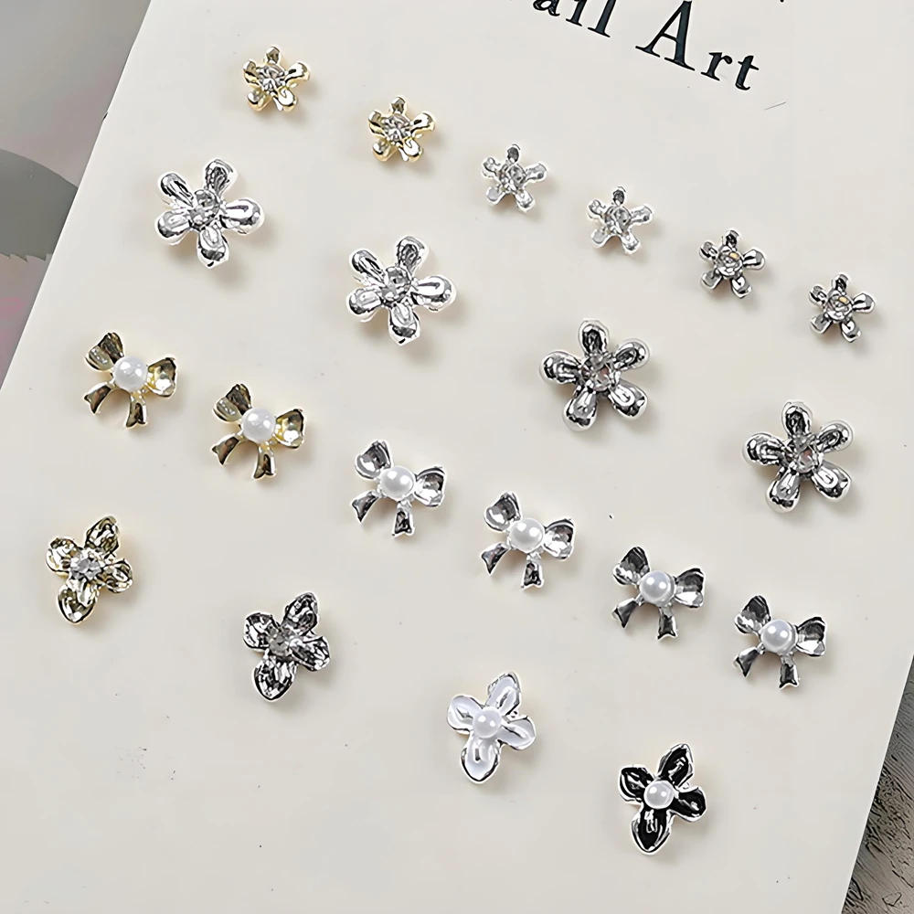 

20PCS Mini 3D Metal Nail Art Flowers Charms With Rhinestone Pearl Core For Nails Decoration Design Manicure Accessories Supplies