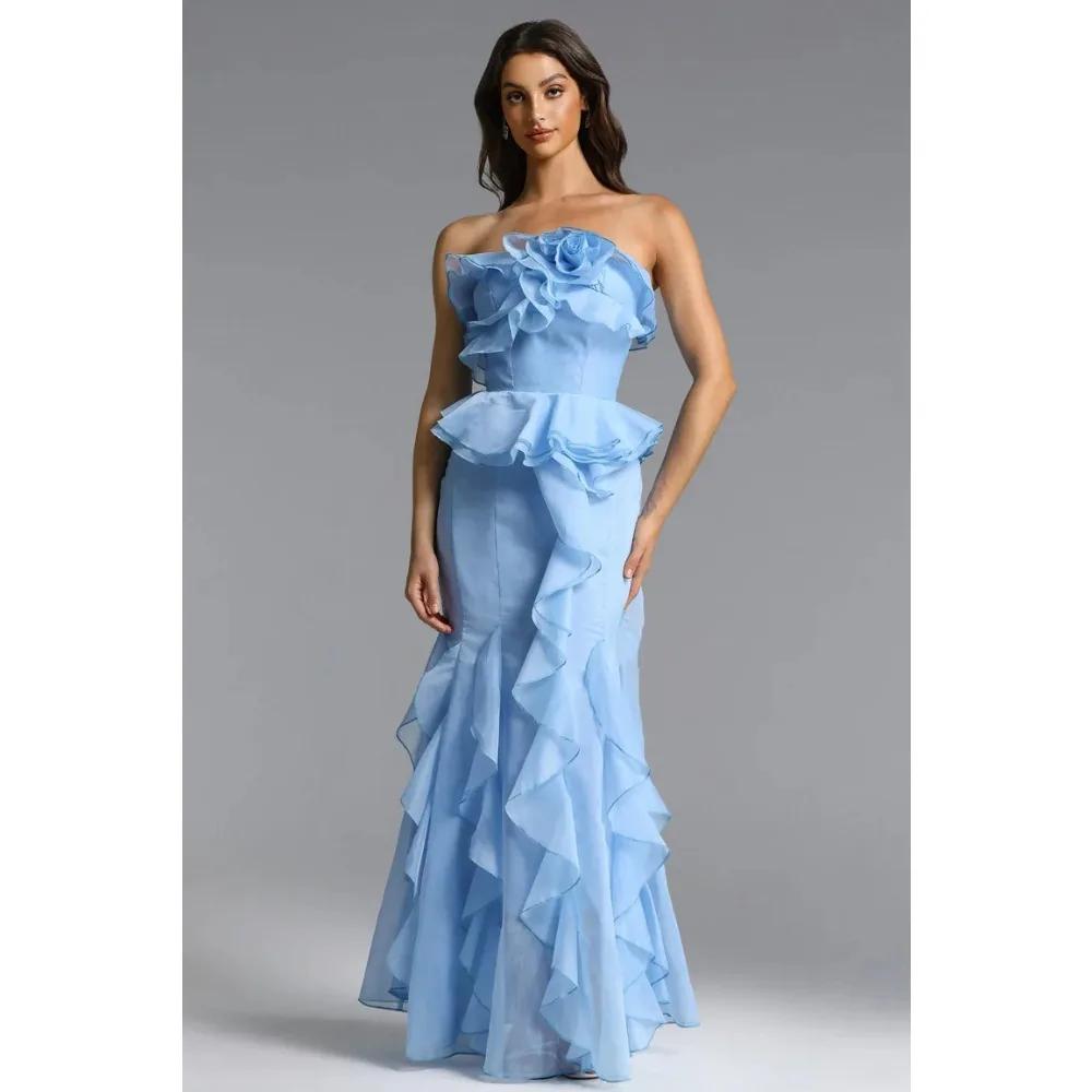 

Customized 3D Ruffles Evening Dresses Sky Blue Luxury Party Dress Mermaid Strapless Long Prom Gowns for Women 2026 Bespoke
