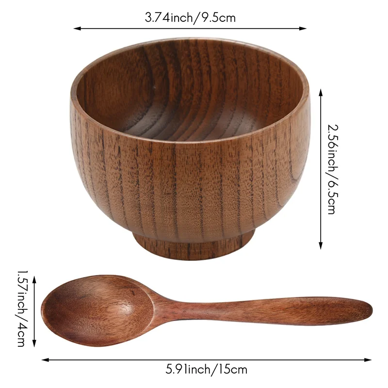 12 ชิ้นไม้ทําด้วยมือชามและช้อนสําหรับข้าว Miso เสิร์ฟ Home KITCHEN Tableware