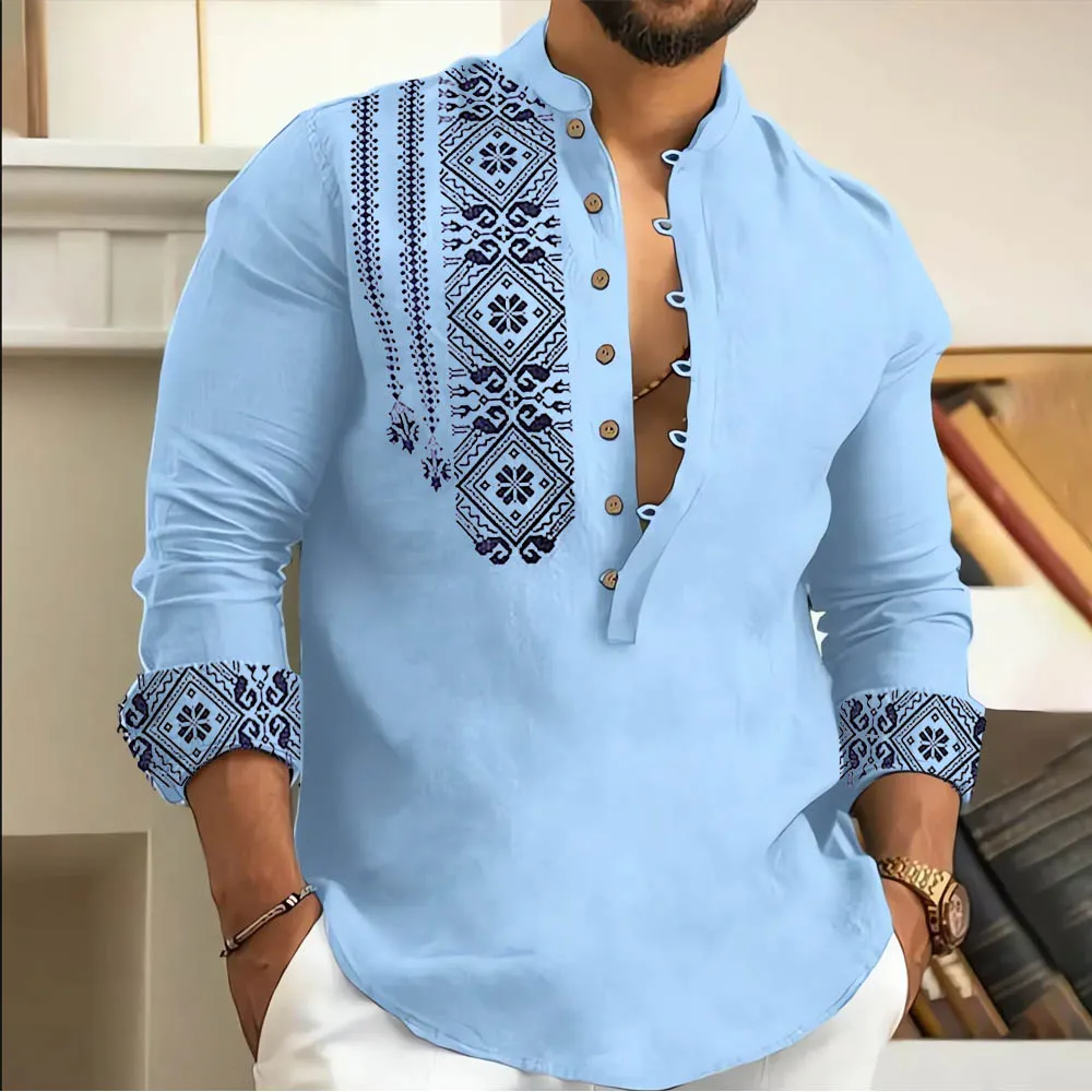 2025 Spring And Summer Fashion Casual Men Long Sleeve Button-Down Shirt Blouse Loose Henley V-Neck Beach Tops T Shirts As A Gift