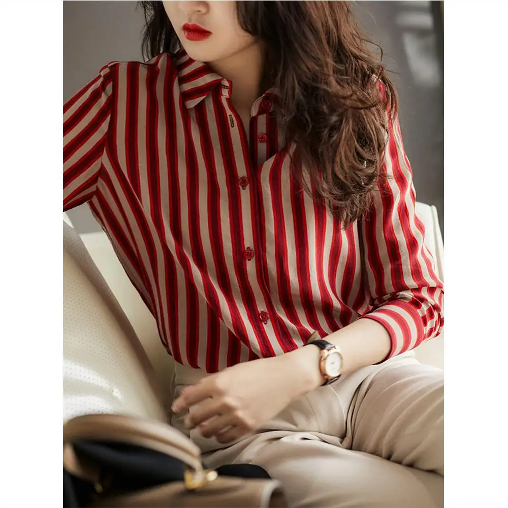 Casual Temperament Stylish Shirt for Women Spring Autumn New High-end Design Long Sleeved Polo-neck Red Striped Trendy Top