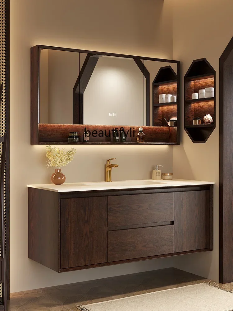 Customized imported skin feeling Corian bathroom cabinet combination rock slab hot bending integrated washbasin9344