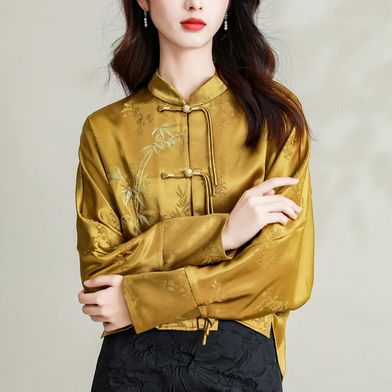 

Satin Women's Shirts Spring/summer Print Chinese Style Blouses Loose Long Sleeves Vintage Women Tops Fashion Clothing