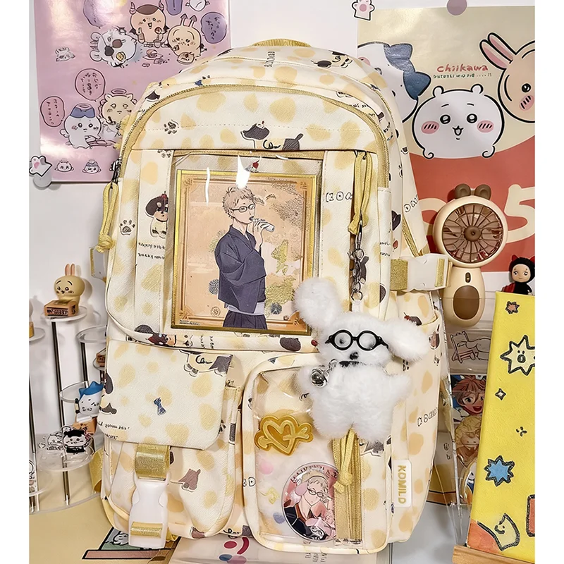 HAEX Kawaii Leopard Women Backpack 2025 Transparent Doll Show Ita Bags Female Large Capacity Students Commute Pockets Laptop Bag