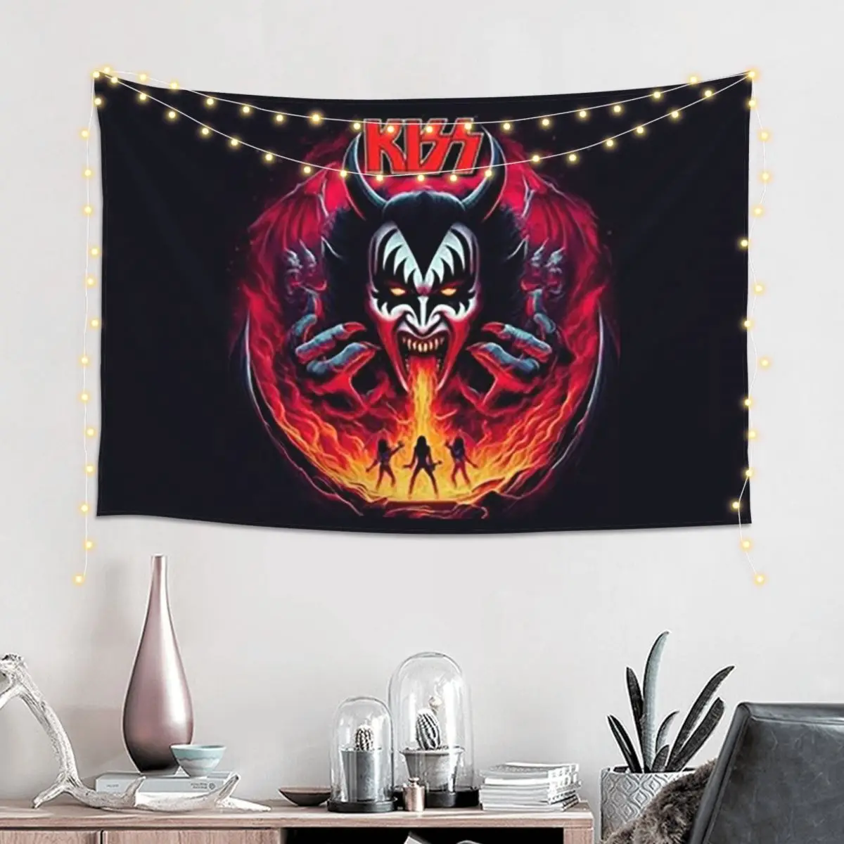 KISS The Band Demon Red Rock Music Tapestry Art Wall Hanging Aesthetic Home Decor Tapestries for Living Room Bedroom Dorm Room
