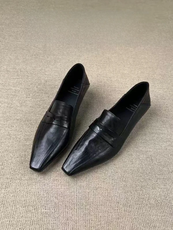 

Sheepskin Version Simple Retro Square Head Slip-On Loafers Women's Slope Heel Low Cut Single Shoes Versatile Commuter Shoes
