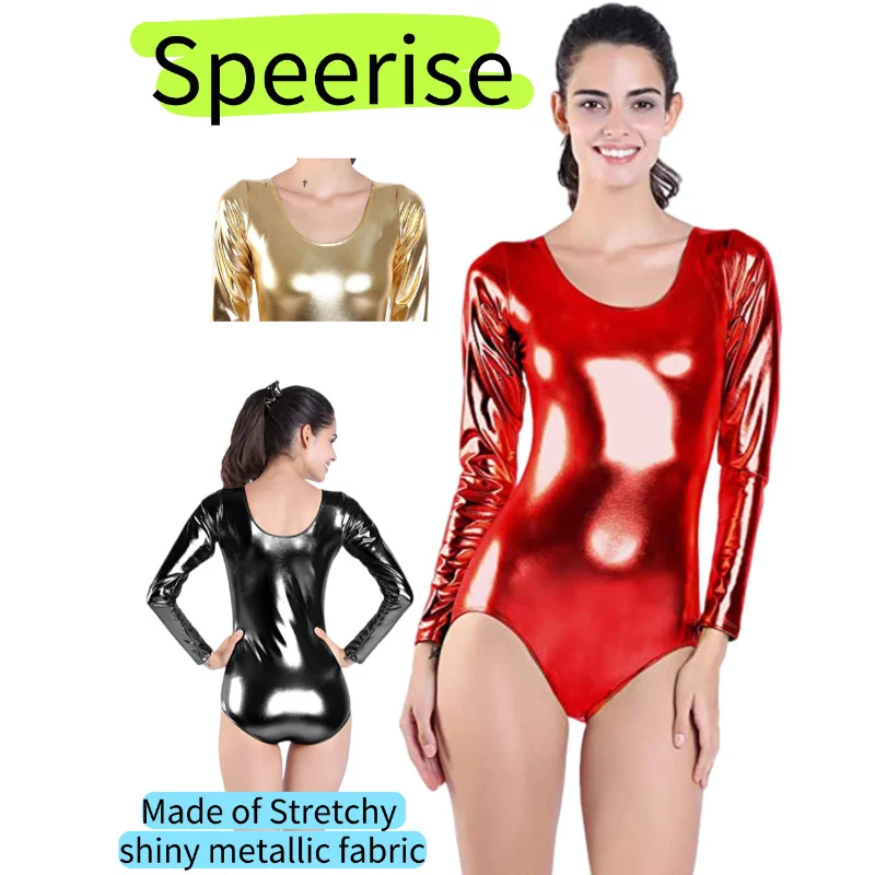 女性長袖光沢のあるメタリックスパンデックスレオタード体操ボディスーツスクープネックワンピースダンスウェア大人のステージダンス衣装