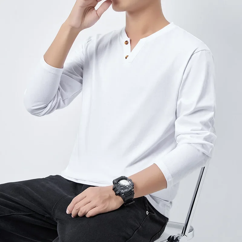 

GELITAYIN Autumn Pure Cotton Men T-shirt Loose Casual Breathable Button V-neck Long Sleeves Daily Basic Solid Lightweight Street