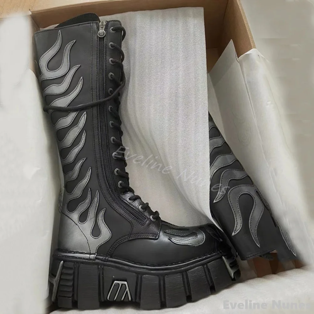 Heavy Metal Thick Sole Fire Totem Motorcycle Boots Women Round Toe Cross Tied Side Zipper Knee High Boots New Hotties Punk Boots