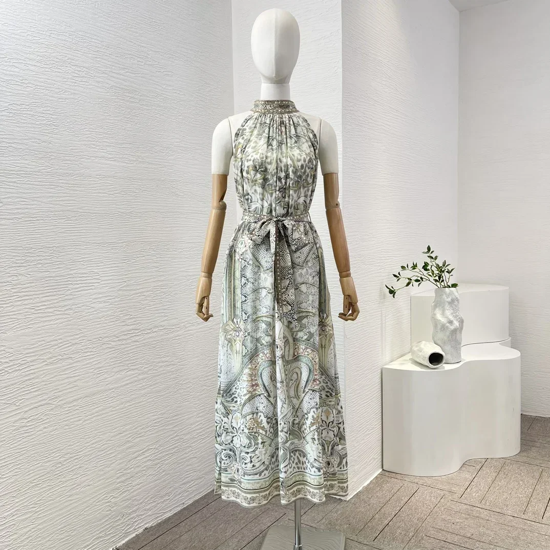 Silk 2025 Palace Style Floral Printing Summer Turtleneck Lace-up Sleeveless Diamonds Femal Midi Dress for Holiday