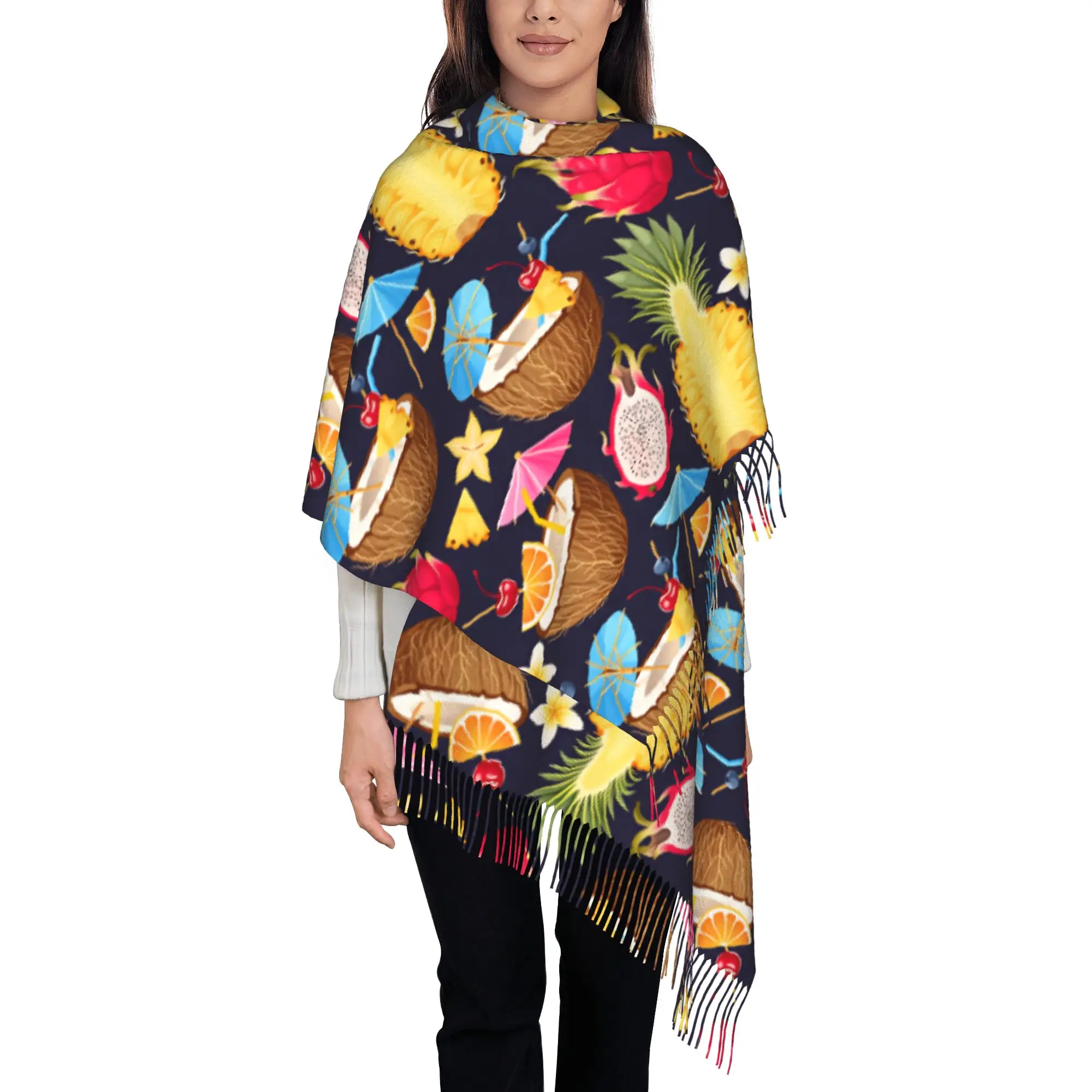 Custom Tropical Pitaya Pineapple Cocktail Summer Fruit Scarf Wrap Women Long Winter Fall Warm Tassel Shawl Unisex  Scarves