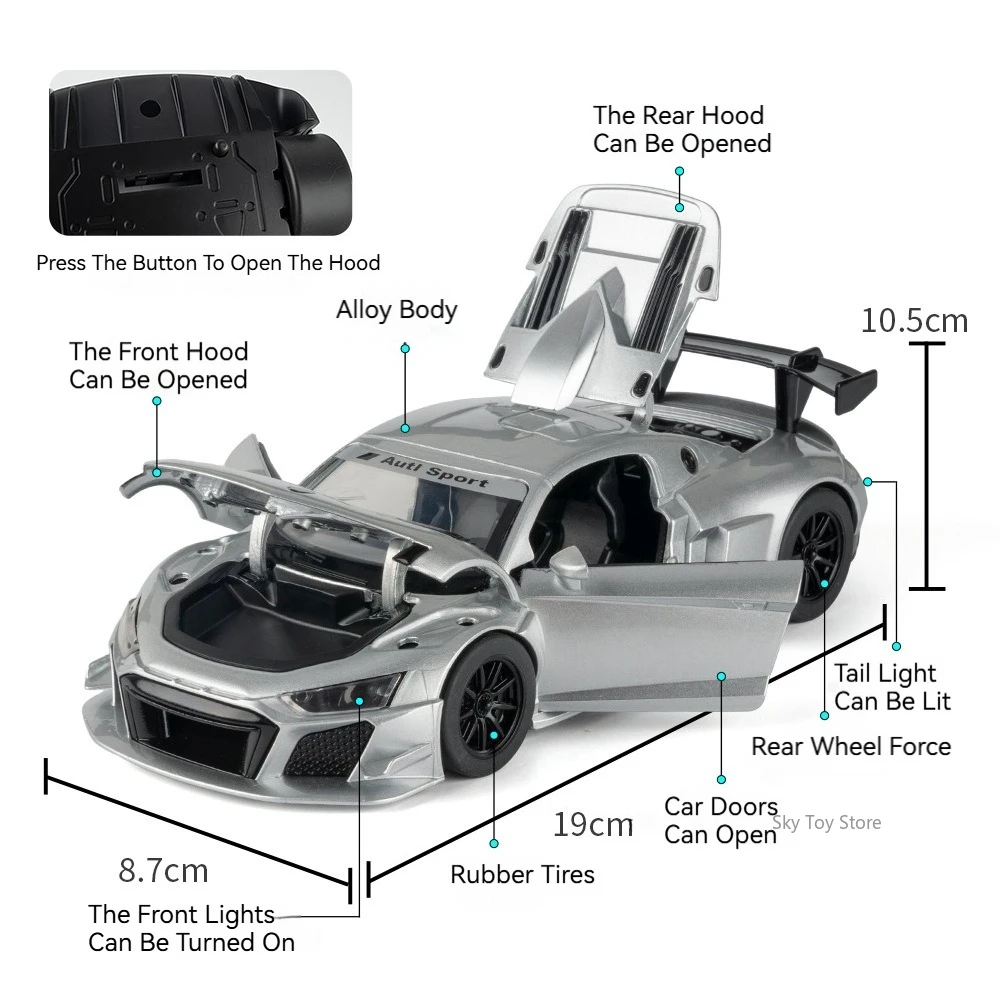 1:24 R8 LMS GT2 aleación fundida P1 modelos en miniatura juguetes coche sonido luz tirar hacia atrás puertas persianas abiertas para niños regalo de cumpleaños