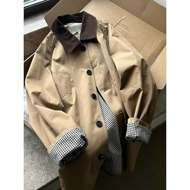 معطف نسائي طويل من i Color بتصميم كوري Sle كاجوال فضفاض مناسب من ألياف البوليستر وزر إغلاق وياقة خريفية #1