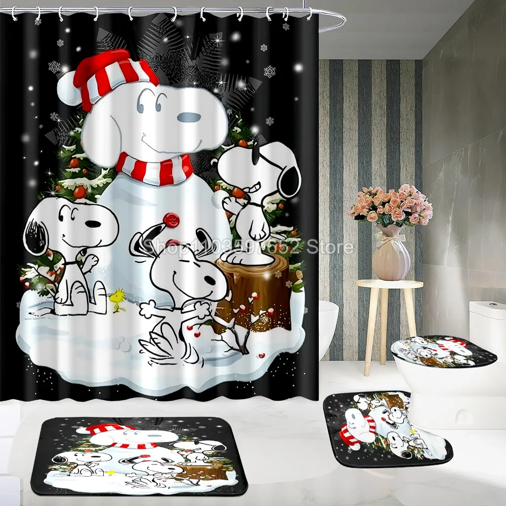 Anime Film Snoopy Various Bath Shower Curtain Set 4pcs with Hooks Cartoon Decor Waterproof Bathroom Toilet Mat Lid