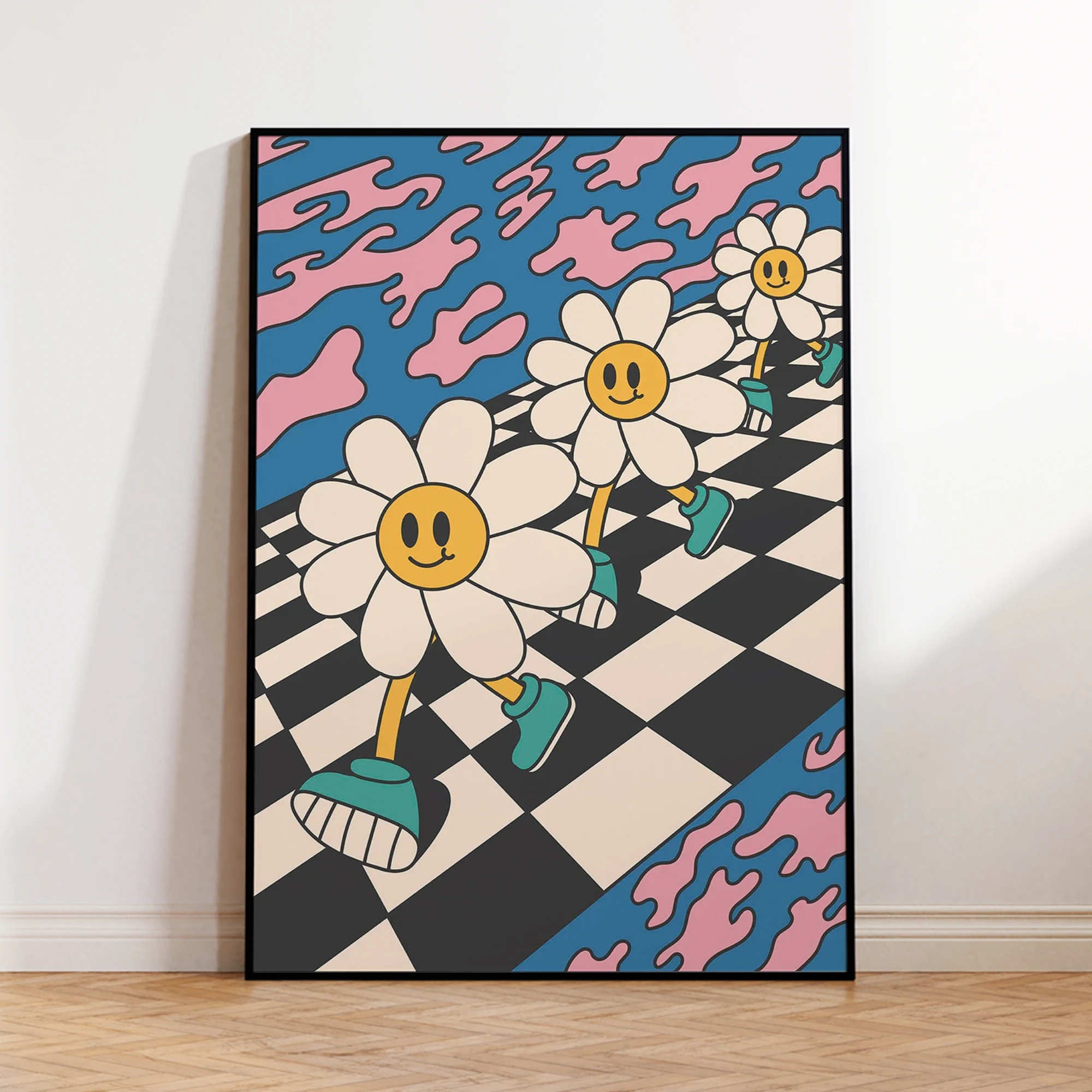 Moderne Cartoon-Smiley-Gänseblümchen im Bewegungsbild, Wandkunstdruck, Leinwandgemälde, Poster, Bild für Wohnzimmer, Schlafzimmer, Heimdekoration