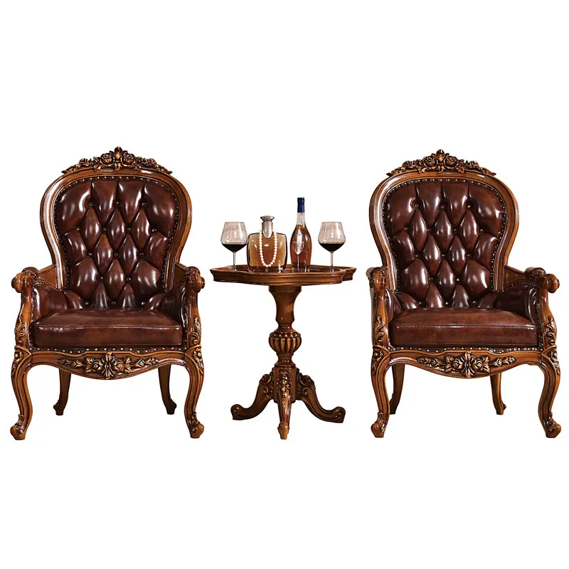 European single sofa chair American solid wood leather tiger backrest leisure living room balcony armchair tea table chair