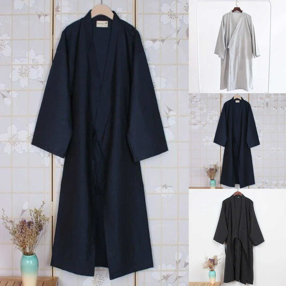 Men Casual Japanese Soft Sleep Kimono Classic Yukata Long Bathrobe Solid Color Comfortable Pajamas Belt Cotton Home Soft Robe