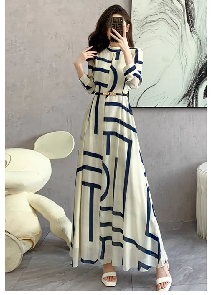 

New French Vintage Chiffon Maxi Long Dresses Women Fashion Striped Printed Elegant Dress for Women Robes Longues