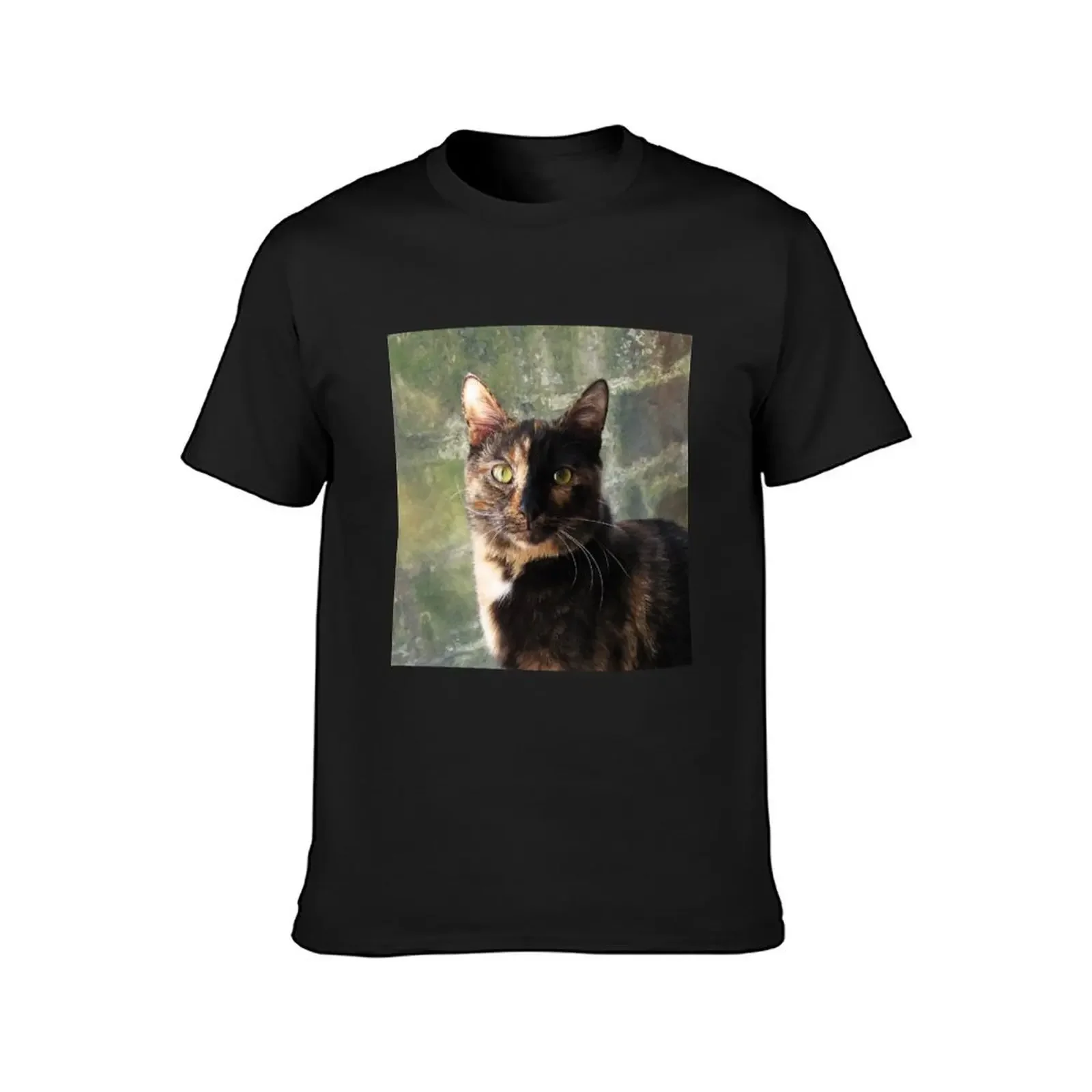 Tortoiseshell cat looking at camera T-Shirt customizeds Short sleeve tee men t shirts