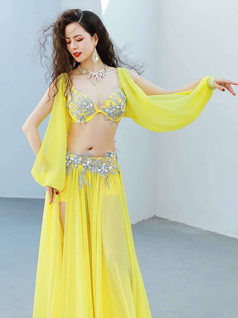 Adult Women Belly Dance Costume Sexy Mesh Flowing Performance Bra Skirt Sets Popsong Opening Dancewear Competition Clothing