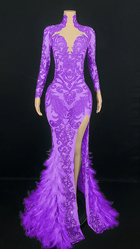 Diamond Birthday Dress Ladies Rose Feather High Split Party Ladies Evening Dress Elegant Shine Vestido Cerimônia Mulher Elegante