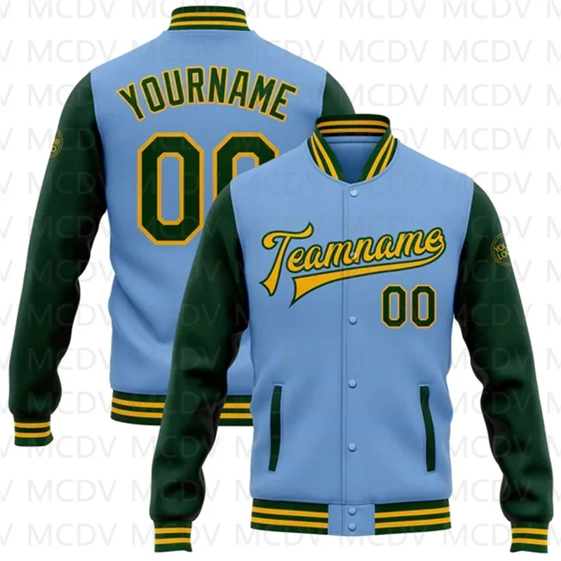 Custom Light Blue Green-Or Bomber Full-Snap Varsity Letterman Two Tone Jacket