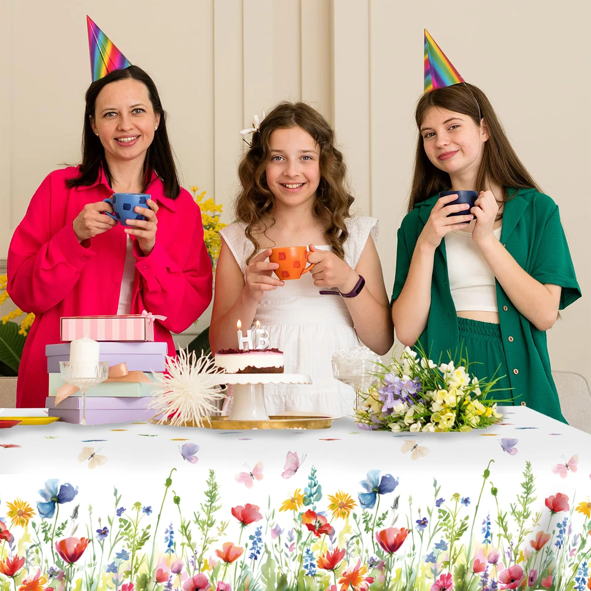 Lente Wildflower Vlinder PE Tafelkleed Gelukkige 1e Verjaardagsfeestje Decoratie Kinderen Meisjes Gunsten Tafelkleed Baby Douche Benodigdheden