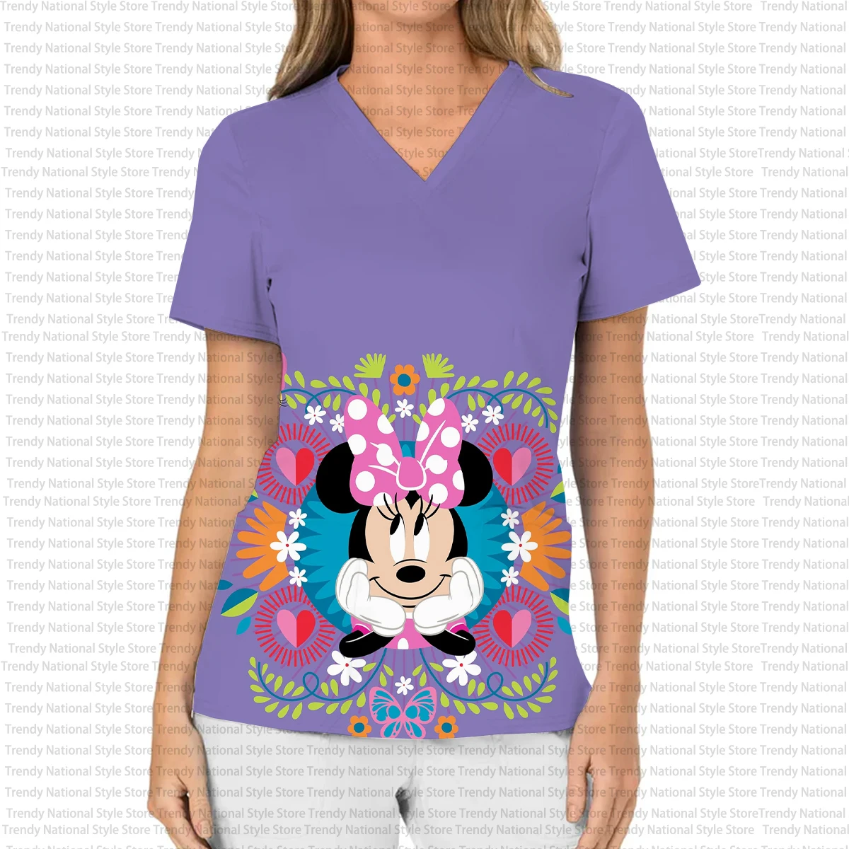 Disney Mickey en Minnie Mouse print V-hals zak matte top, medische dames verpleegster werkuniform, schoonheidssalon T-shirt