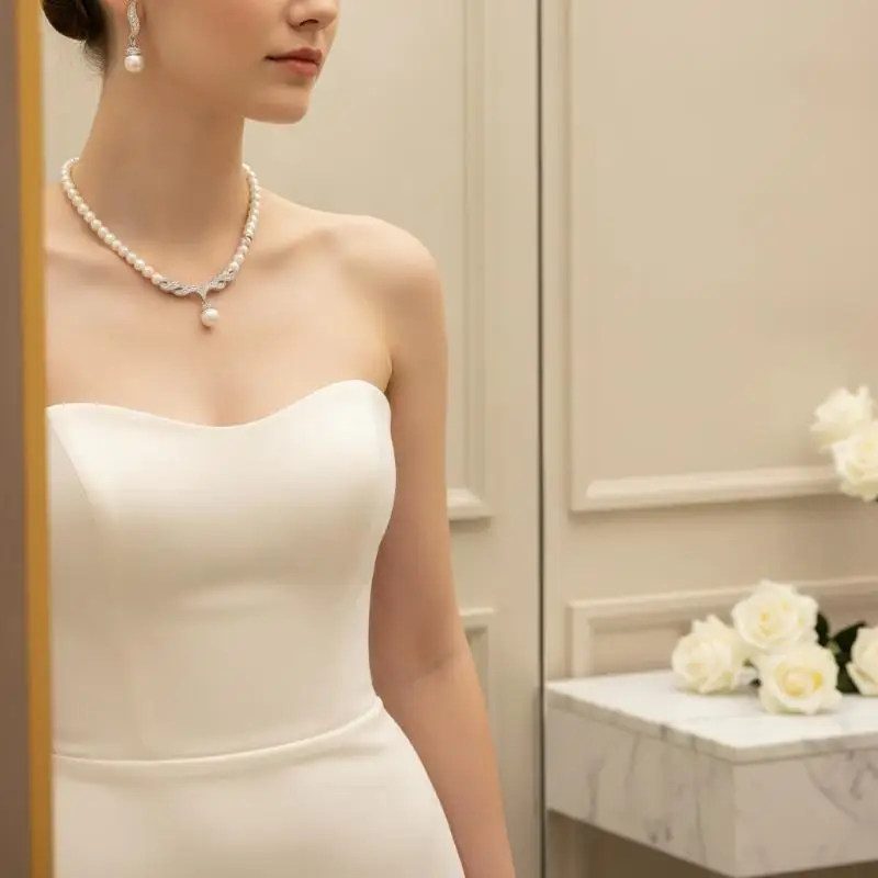 Faux Pearl Jewelry Set 2Pcs Shiny Rhinestone Accent Timeless Women Accessories for Wedding Prom Date Night Gatherings
