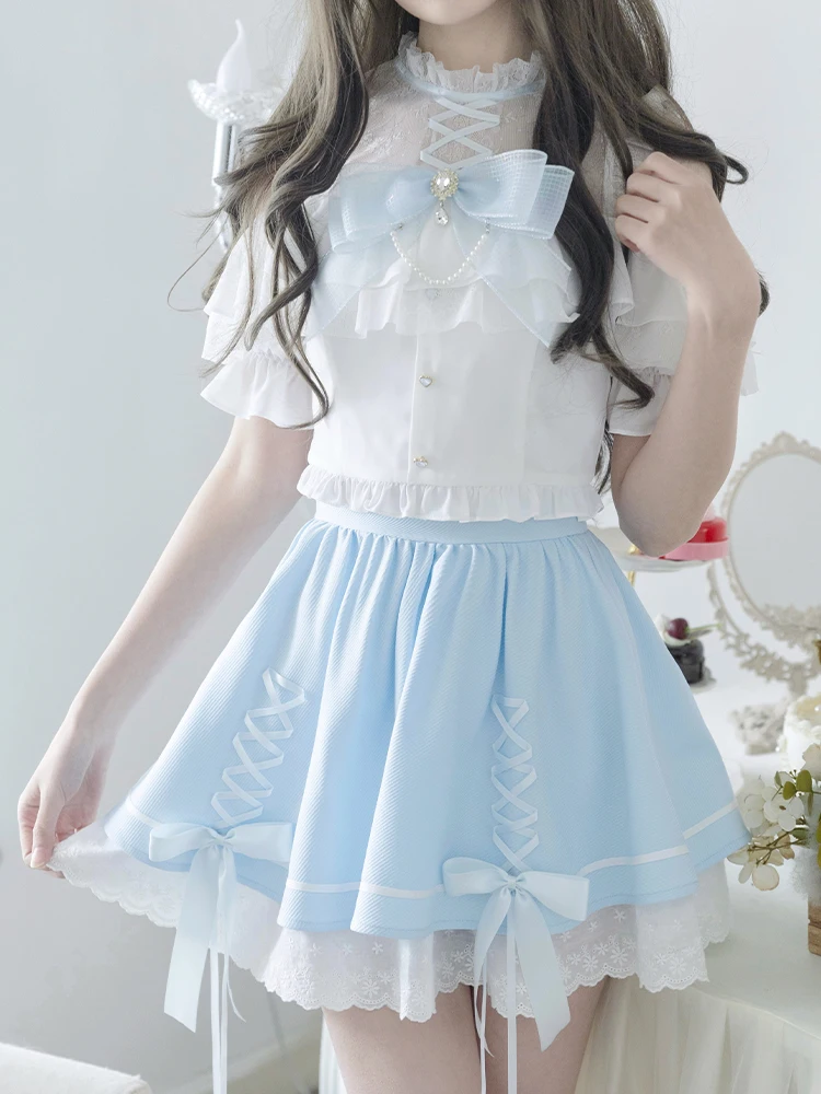 Camisas de manga corta con hombros descubiertos y cuello levantado de encaje estilo Mine japonés, faldas con lazo con cordones y cintura alta, conjuntos de dos piezas para mujer