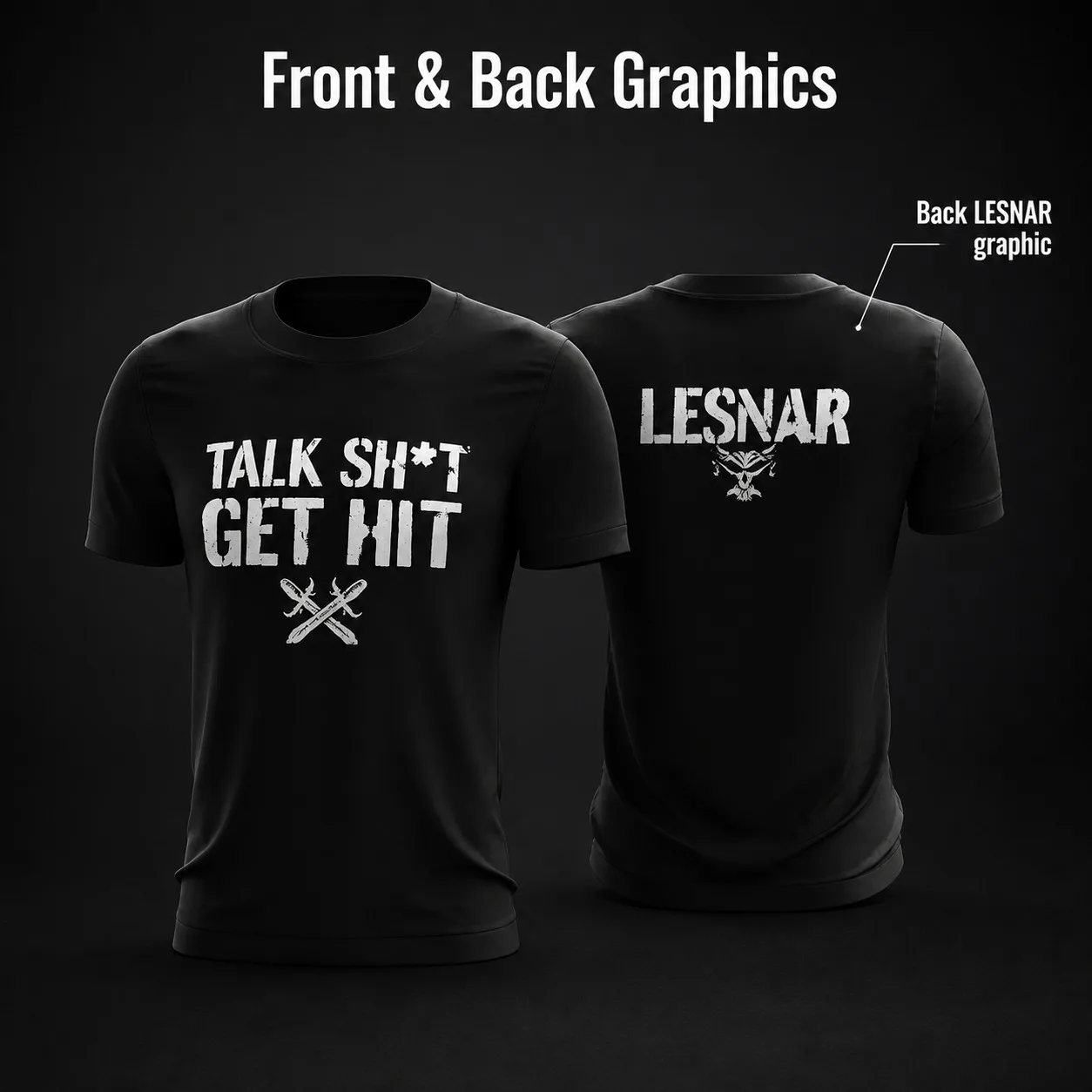 Hardcore Wrestling Fan Lesnar Slogan Cross Swords Mens Black Crew Neck Dual-Sided Print Casual Streetwear T-Shirt