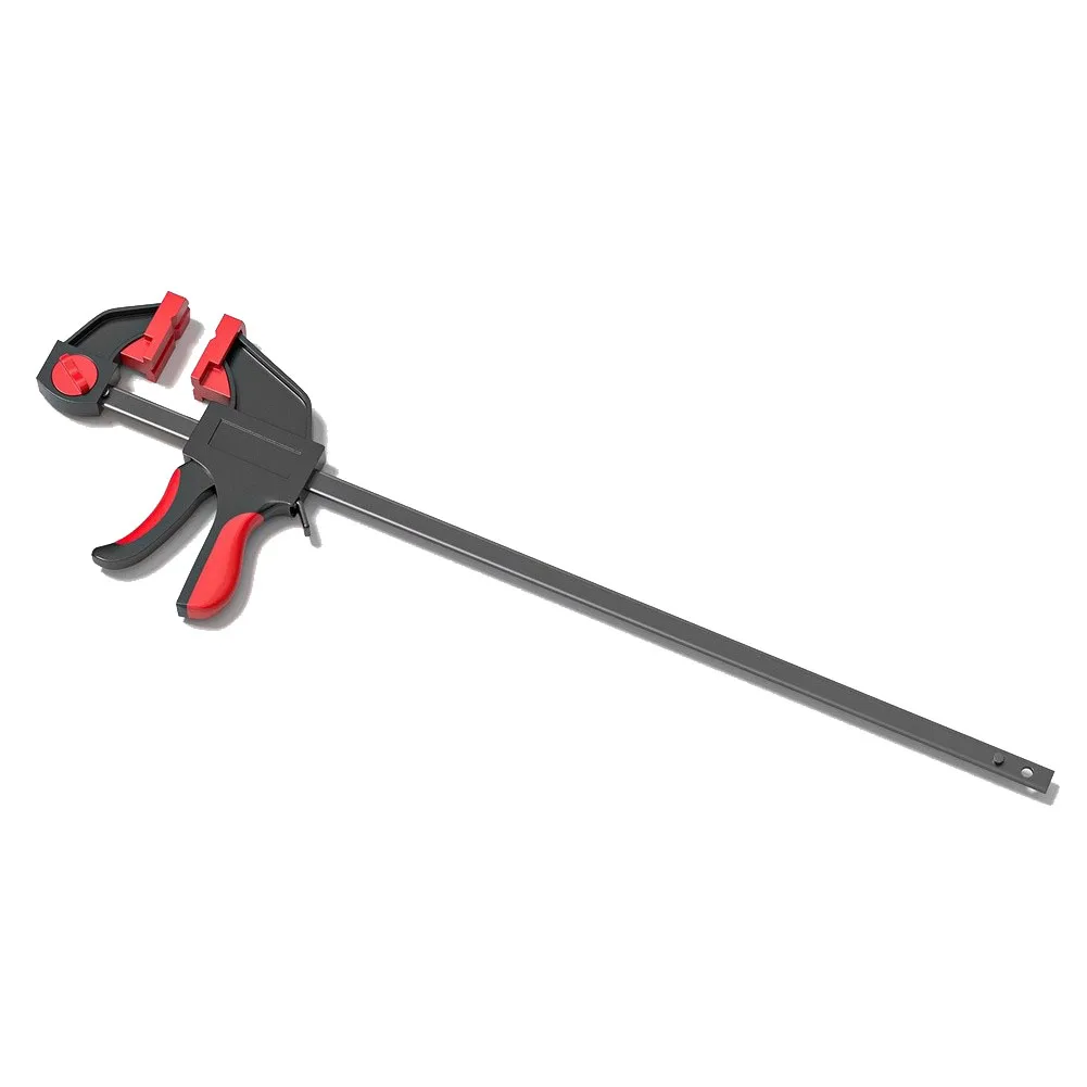 Quick-Release Woodworking Clamp in F Configuration Featuring Reinforced Steel Rods and Ergonomic One-Hand Operation