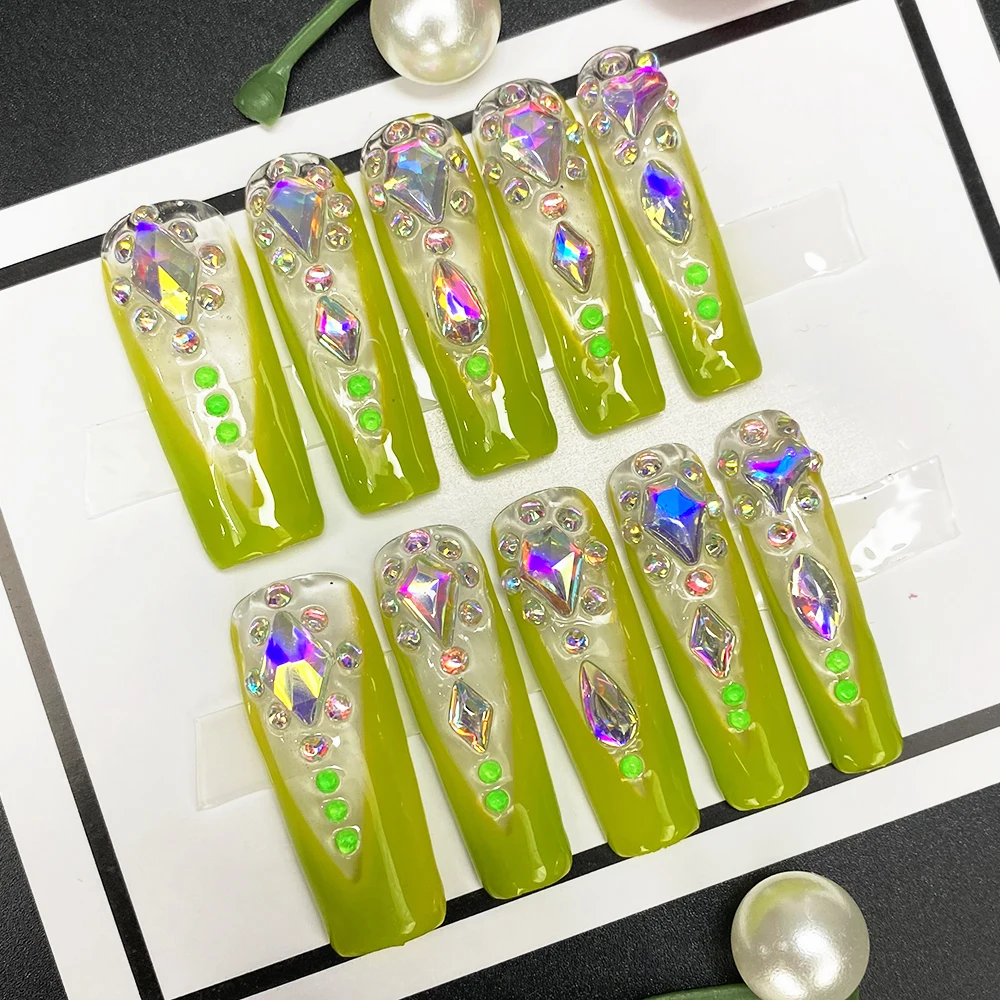 

Custom Design Handmade Press-On Nails Hand Painted 3D Glossy Acrylic False Nails Y2K Reusable Coffin Square Stick-On Nail Art