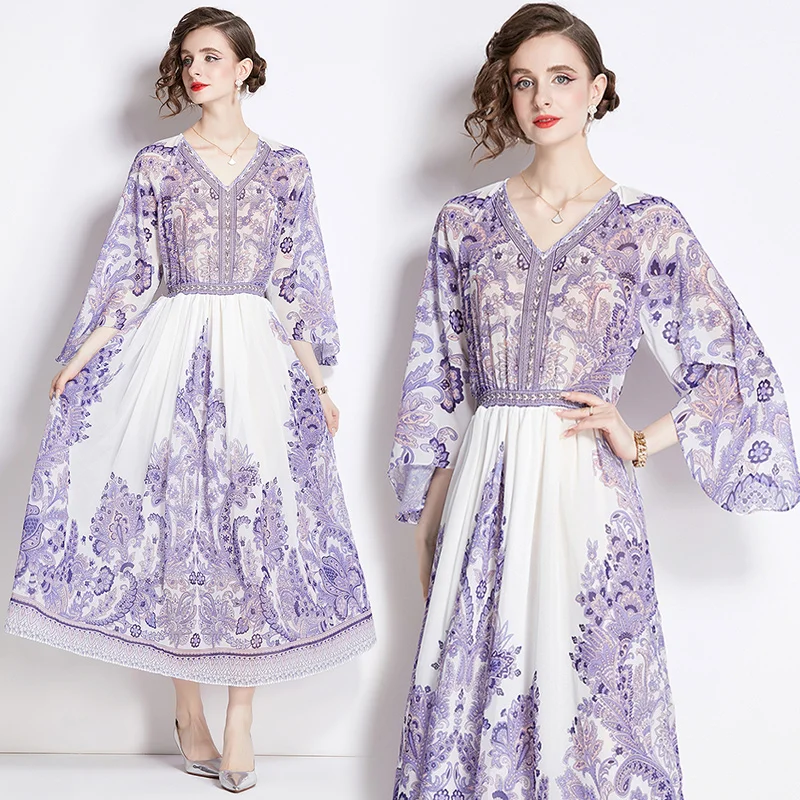 Robe en mousseline de soie florale pour femmes, manches trompent imprimées, jupe couvertes, style de vêtements mondains, tempérament, nouveau, automne 2024