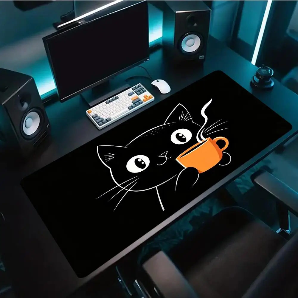 Cute Line Art Cat Hold Coffee Cup Large Gaming Mouse Pad Non Slip Rubber Desk Mat for PC Laptop Office Home Gaming Setup