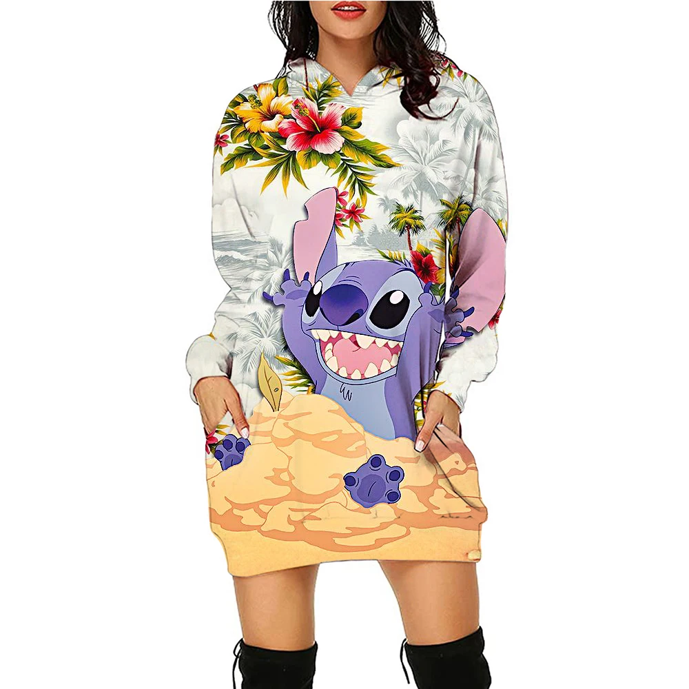 Kawaii Disney Stitch Damen Hoodies Kleid Damen Mode Freizeit S-3XL Jugendliche Frau Kleidung Schöner schwarzer Hoodie Winter Y2k