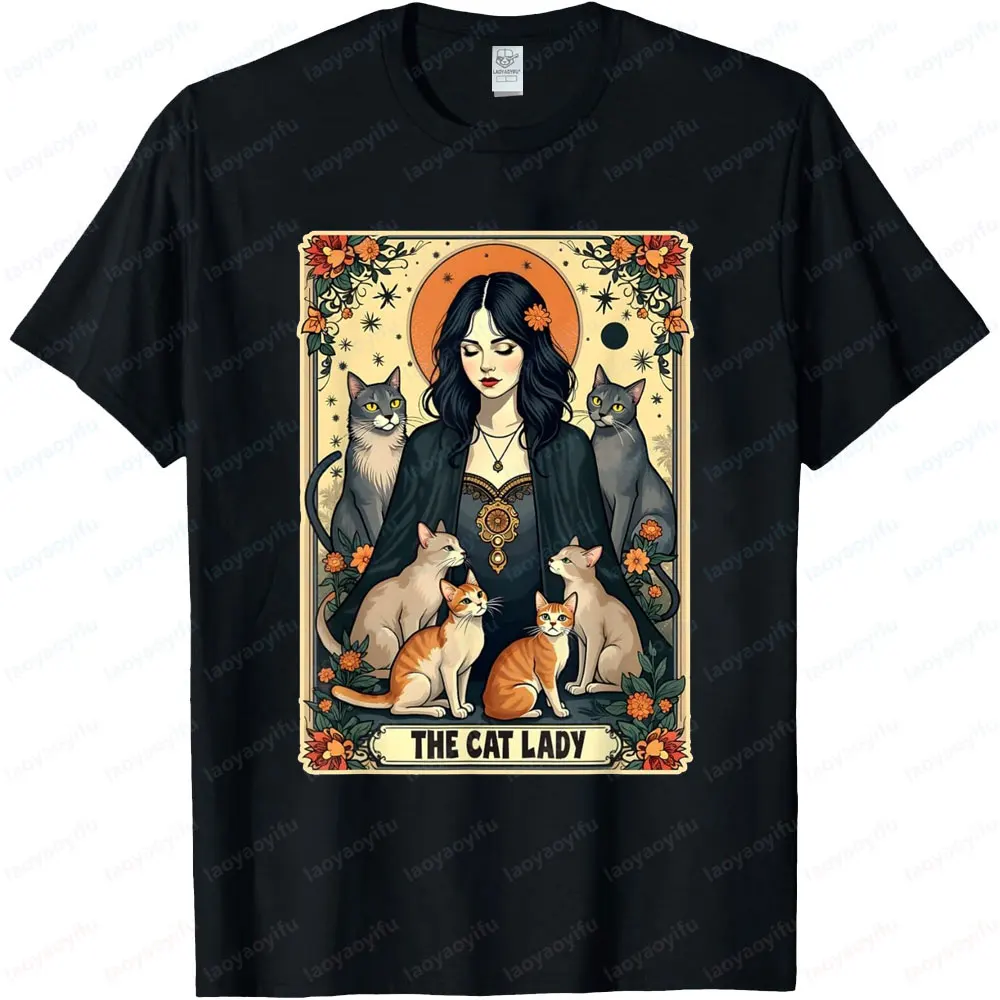 

Футболка с картами Таро Cat Lady, женская футболка Witchy Gothic Cat Mom, футболка с картами Таро, подарочная футболка для влюбленных, женская футболка с круглым вырезом и коротким рукавом