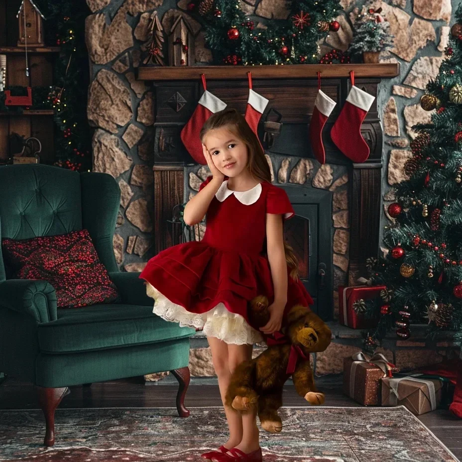 Christmas Winter Photography Fireplace Green Armchair Christmas Tree Red Garland Sock Backdrop Background Photo Studio Photocall