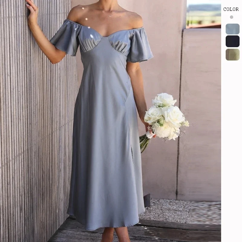 

Skinny Sexy Bra Maxi Split Dresses For Summer Women's Dress Elegant Short Ruffle Sleeves Sexy Open Back V-neck High Waist Dress