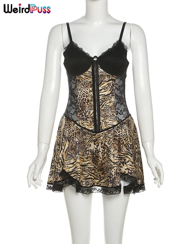 Sukienka damska typu camis z patchworkowym koronkowym dołem, nietypowa, elegancka, seksowna w stylu Y2K, z panterkowym nadrukiem, odkrytymi plecami, idealna na urodziny, wakacje, do klubu nocnego, obcisła.