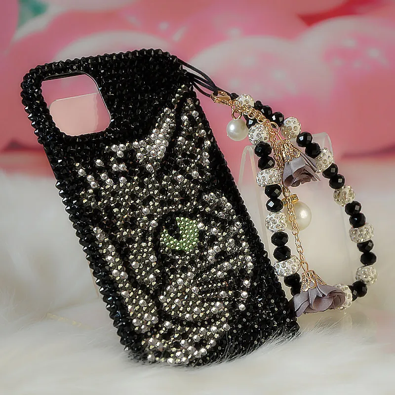 Luxury Glitter Phone Case Bedazzled Black Leopard Print iPhone 16 Protect Cover Hand-applied Rhinestone Mobile Case Mosaic Gift