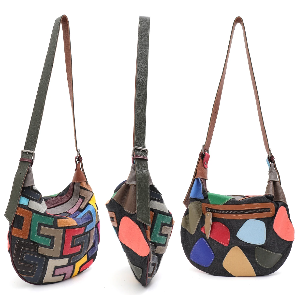 SC Casual Large Capacity Shoulder Bag Women Colorful Genuine Leather Blocks Patchwork Canvas Street Style Cross body Hobo Travel