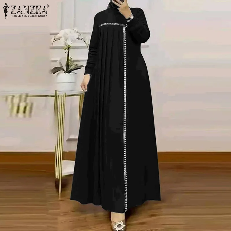 فساتين ZANZEA لخريف 2025 مُزينة بالدانتيل فستان عباية إسلامية للنساء أنيق بأكمام طويلة فستان صيفي مطوي رداء إسلامي