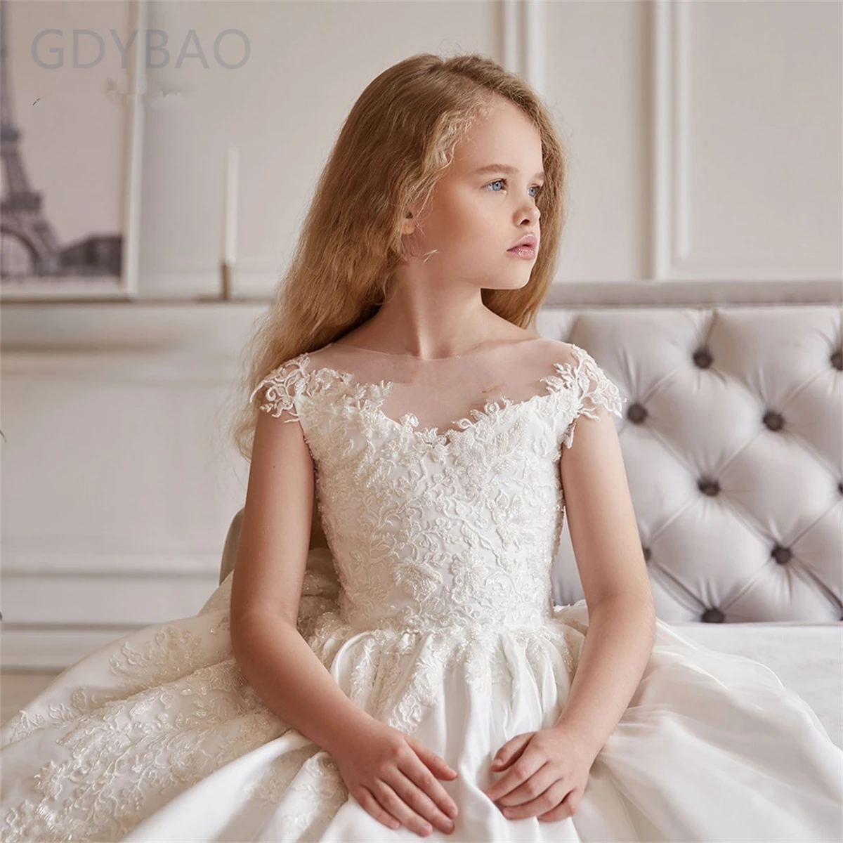 

Flower Girl Dresses White Ivory Satin First Communion Gown with Beads Toddler Birthday Party Dress