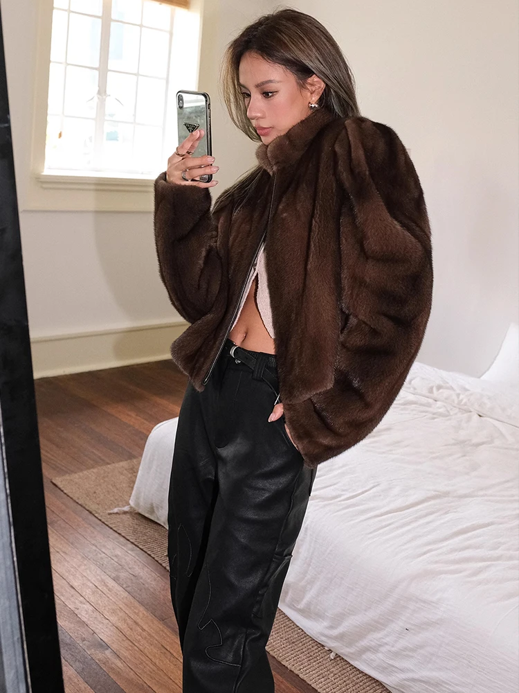 HDHOHR 2025 New100% Real Mink Fur Coat Women Fashion Essential Natural Mink Coat Warm Short Leather Outerwear Winter Fur Jacket