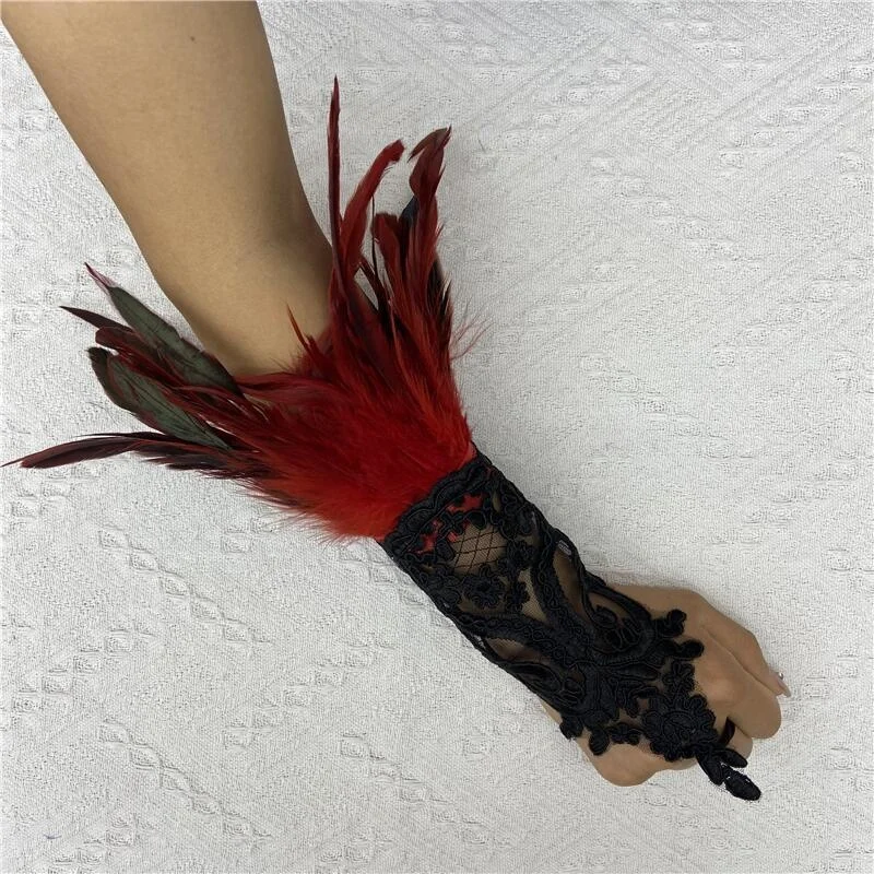 Mesh Gloves Women Halloween Lolita Cosplay Y2k Feather Cuffs Fingerless Mittens Lace Black Long Rave Accessories Feather Apparel