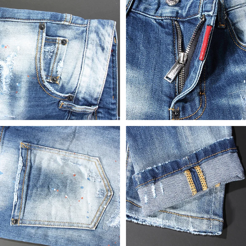High Street Fashion Men Jeans Retro Light Blue Elastic Slim Fit Ripped Jeans Men Painted Designer Hip Hop Brand Pants Hombre